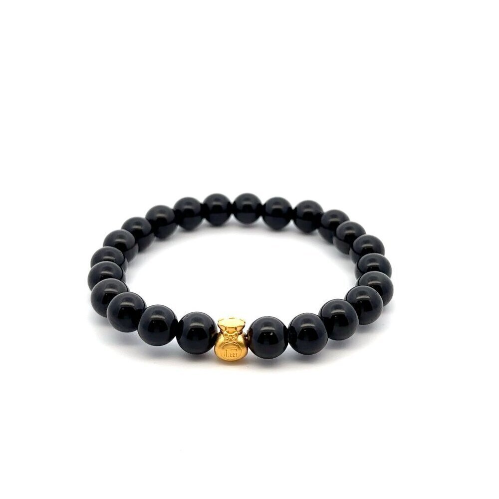 24K Gold Money Bag Lucky Charm Bracelet Gemstones Natural Obsidian 8mm Size 7"